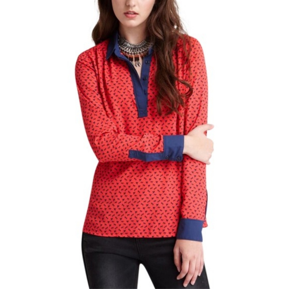 Free People Horse Print Equestrian Boyfriend Red & Navy Collared Blouse